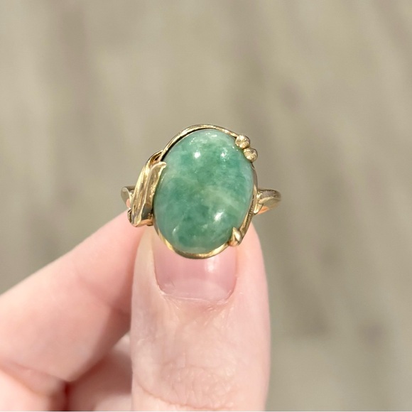 14K Large Aventurine Jade natural sparkling medium green vintage solid gold ring - Picture 5 of 11